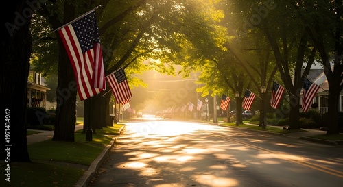 American flags line a sun dappled road evoking patriotism and remembrance