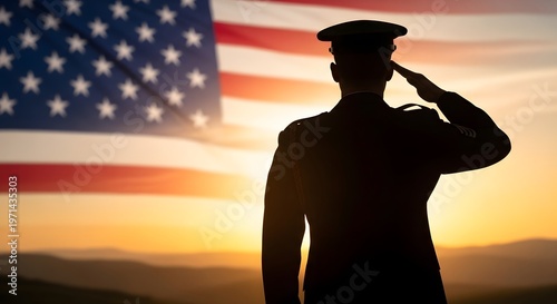 Silhouette of a soldier saluting the american flag at sunset