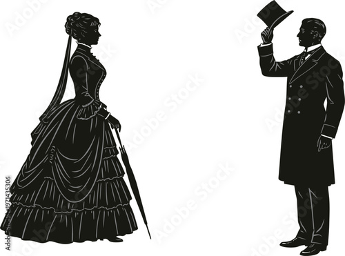 Victorian couple silhouette illustration showing elegant woman with parasol and gentleman tipping top hat, vintage historical vector isolated on white