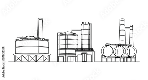 Continuous line drawing of industrial storage tanks and refinery structures