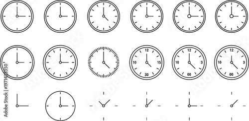 Analog clock icon set showing different time positions minimal line style collection for schedule deadline timing concept vector illustration