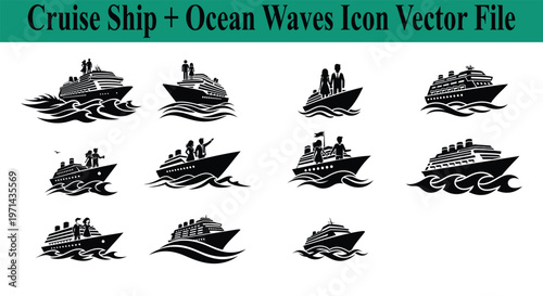 Cruise ship ocean waves icons set with various vessel designs and people silhouettes