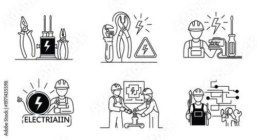 Electrical work icons featuring tools safety and electrician personnel