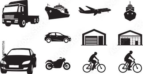 transport industry truck ship airplane warehouse silhouette set black