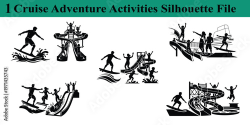 Cruise ship passengers enjoying various water slide and surfing activities  fun vacation illustrations