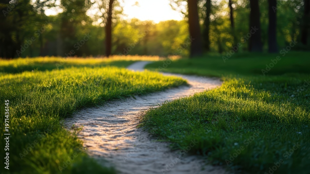Obraz premium Grassy field path with distant trees scenic path winds through verdant meadow bordered by lush trees