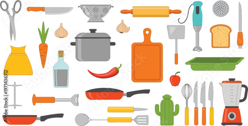 Flat Kitchen Cooking Utensils and Food Preparation Tools Icon Set with Pots Knife Blender Vegetables and Appliances for Culinary Design