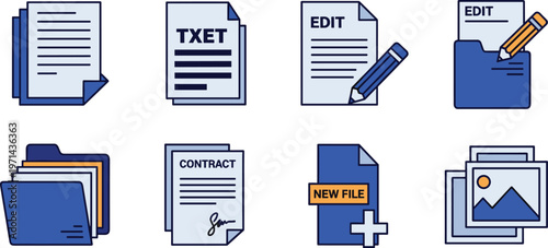 Document file management icons set featuring text edit contract folder image and file creation elements for office organization and workflow systems
