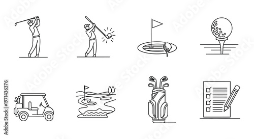 Golfing elements a linear illustration set of clubs balls and course features