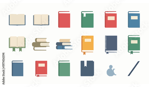 Minimal flat book icons set with open and closed textbooks reading symbols and education collection vector