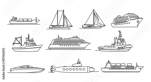 Collection of various marine vessels depicted in a simple line art style