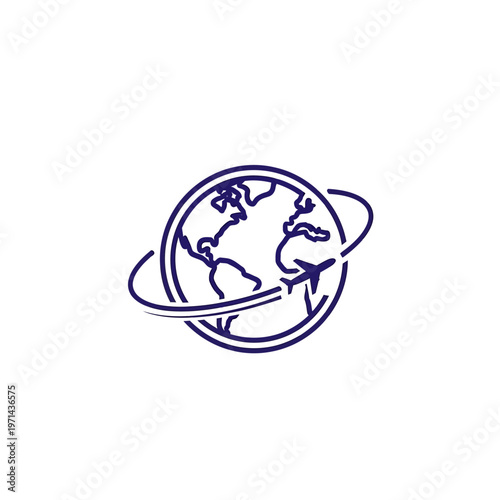 Globe with airplane icon depicting travel and transportation worldwide