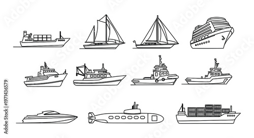 Collection of various marine vessels depicted in a simple line art style