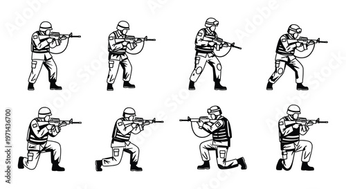 Line art illustration depicting soldiers in various tactical positions