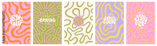 Deformed uneven organic lines vector funky groovy maze backgrounds set. Hello SUMMER SPRING hand lettering. Doodle patterns collection. Uneven hand drawn wavy twisted liquid curved lines waves.