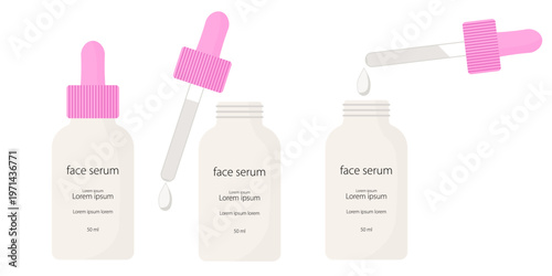 Three glass bottles hold face serum with pink droppers
