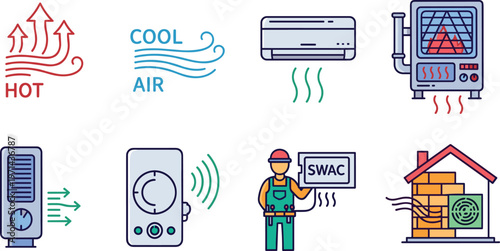 HVAC heating cooling ventilation icons set featuring air conditioner heater technician airflow system temperature control and climate technology concepts vector