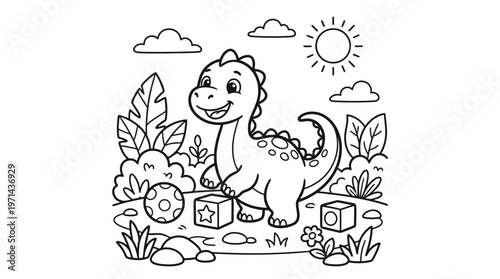 Smiling Dinosaur Playing with Blocks Outdoors.