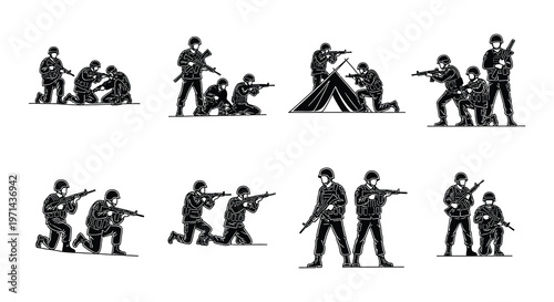 Line art illustration depicting soldiers in various tactical positions