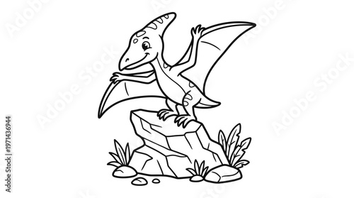 Smiling Cartoon Dinosaur on Rock Formation.