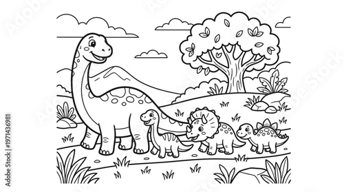 Dinosaur Family Walking Together Outdoors.