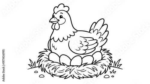 Hen Sitting on Eggs in Nest.