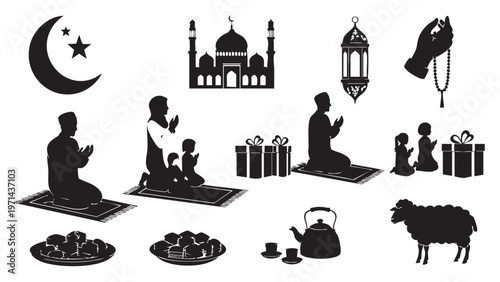 Simple vector set of religious symbols and icons with human figures in silhouette style showing people love and relationships in a clean pictogram design