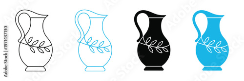 Olive oil jug and pitcher icon set, organic liquid carafe with leaves vector illustration, kitchen and cooking symbols, healthy food design concept, natural product icons for packaging, restaurant men