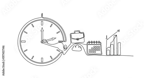 High Quality Black Continuous Line Time Management Clock – Minimal Productivity Illustration