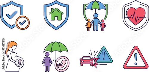 Insurance safety icons set featuring family protection health pregnancy car accident warning shield coverage and risk management concepts for modern design