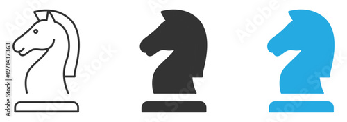 Knight chess piece icon set. Strategy and planning symbol. Intelligence, tactics and leadership sign. Game, decision and competition concept representing smart moves, foresight and strategic thinking 