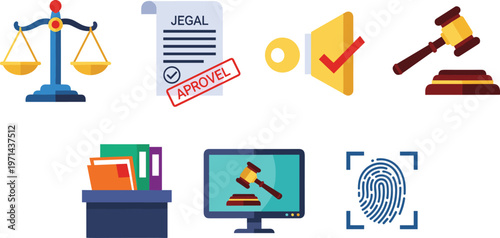 Legal law icon set with scales contract approval key gavel files computer and fingerprint verification symbols for justice system concept