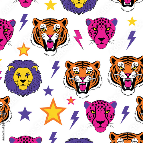 Retro wild animal pattern, colorful tiger and lion heads, neon leopard print seamless background