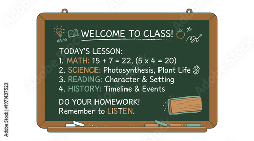 Blackboard with educational messages written.