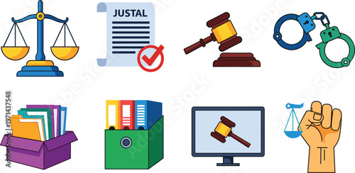 Justice law icon set featuring scales legal document gavel handcuffs files computer and protest fist symbols for legal system concept