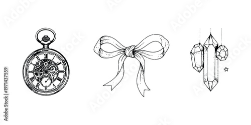 Vintage black and white illustration featuring ornate pocket watch, ribbon bow, and hanging crystal gemstones isolated on a clean background