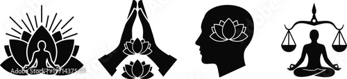 Yoga and Meditation Icon Set with Lotus Flower, Praying Hands, Mindful Thinking, and Balanced Lifestyle Symbols for Wellness, Spa, and Mental Health DesignsYoga and Meditation Icon Set with Lotus Flow