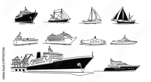 Collection of various marine vessels depicted in a simple line art style