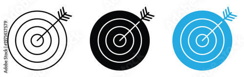 Target and arrow icon set. Bullseye aiming symbol. Precision, focus and goal achievement sign. Success, accuracy and objective concept representing hitting the mark and strategic direction vector