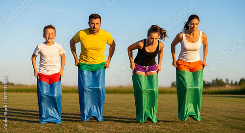 Family playing sack race on a sunny day