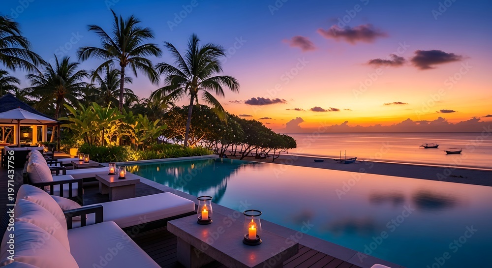 Fototapeta premium Luxurious tropical resort with an infinity pool overlooking the ocean at a vibrant sunset, featuring palm trees and illuminated lounge areas.