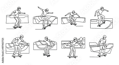 Skateboarders performing tricks in a minimalist line art illustration