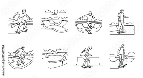 Skateboarders performing tricks in a minimalist line art illustration