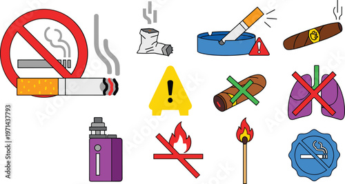 No smoking and anti tobacco icon set featuring warning signs cigarette hazards prohibition symbols and fire risk awareness vector illustration