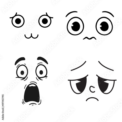 Set of four cute, large-eyed character faces in a "Kawaii" or anime style, showing different moods: innocent, staring, terrified (scream), and deeply saddened.