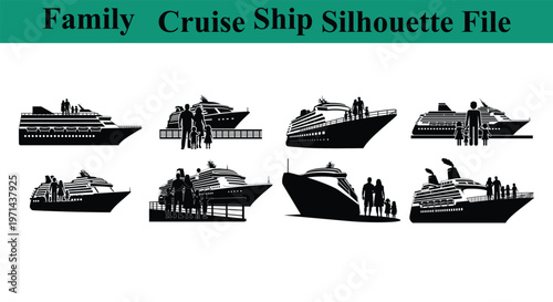 Family cruise ship silhouettes with people on deck  vacation travel icons