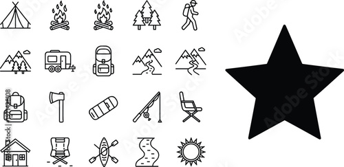 Set of camping and outdoor adventure icons including tent campfire hiking backpack mountain gear vector illustration collection outline design elements