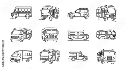 Collection of vehicle line icons including cars trucks and vans
