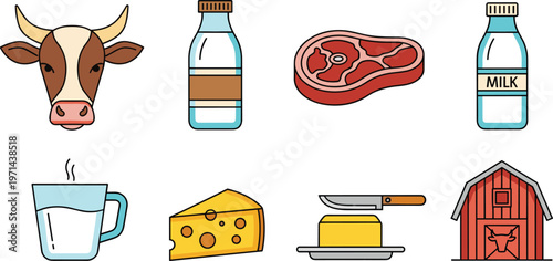 Set of dairy farm and food icons including cow milk cheese butter meat barn vector illustration collection flat design style