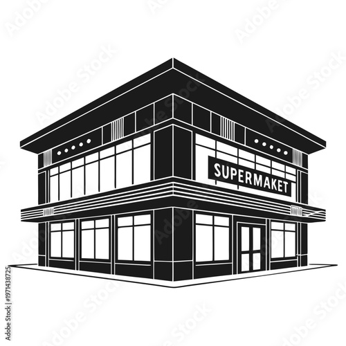 supermarket building silhouette with modern retail store architecture icon
